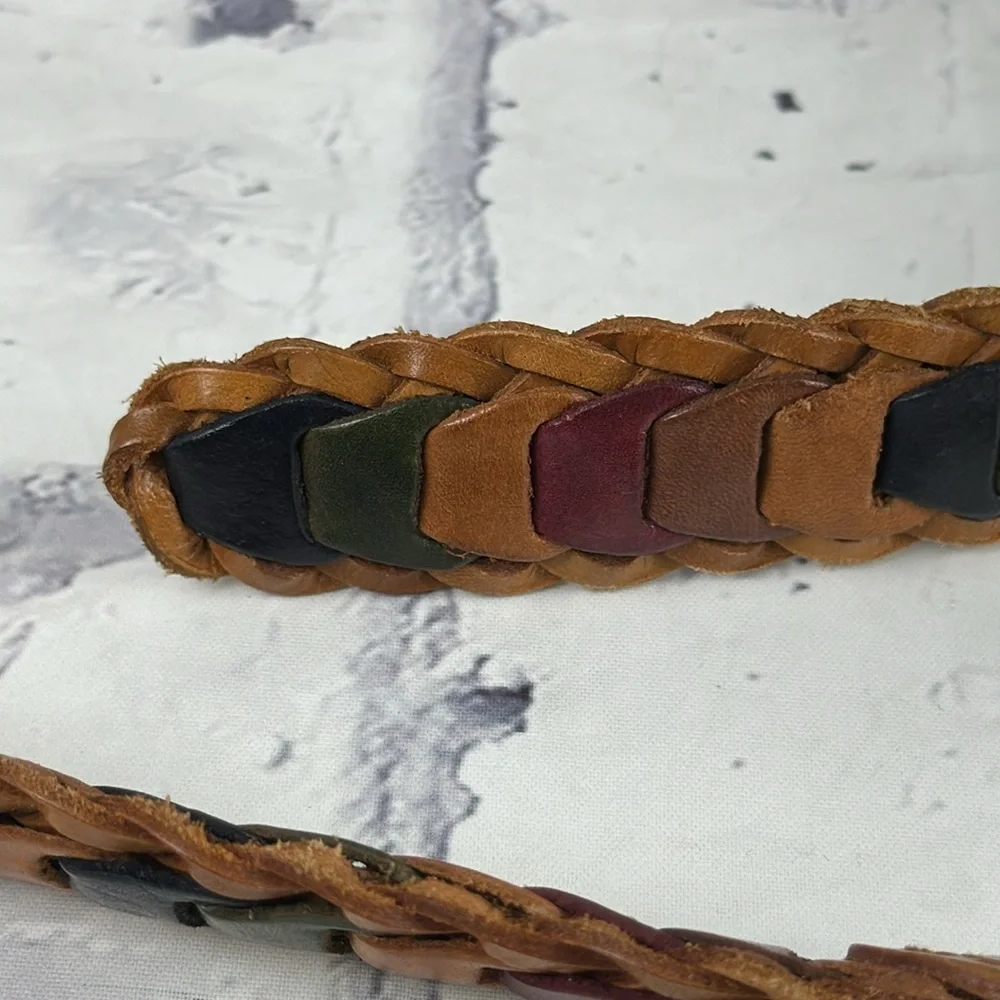 Vintage Genuine Leather Belt Multi-Color Woven Leather and Brass Buckle